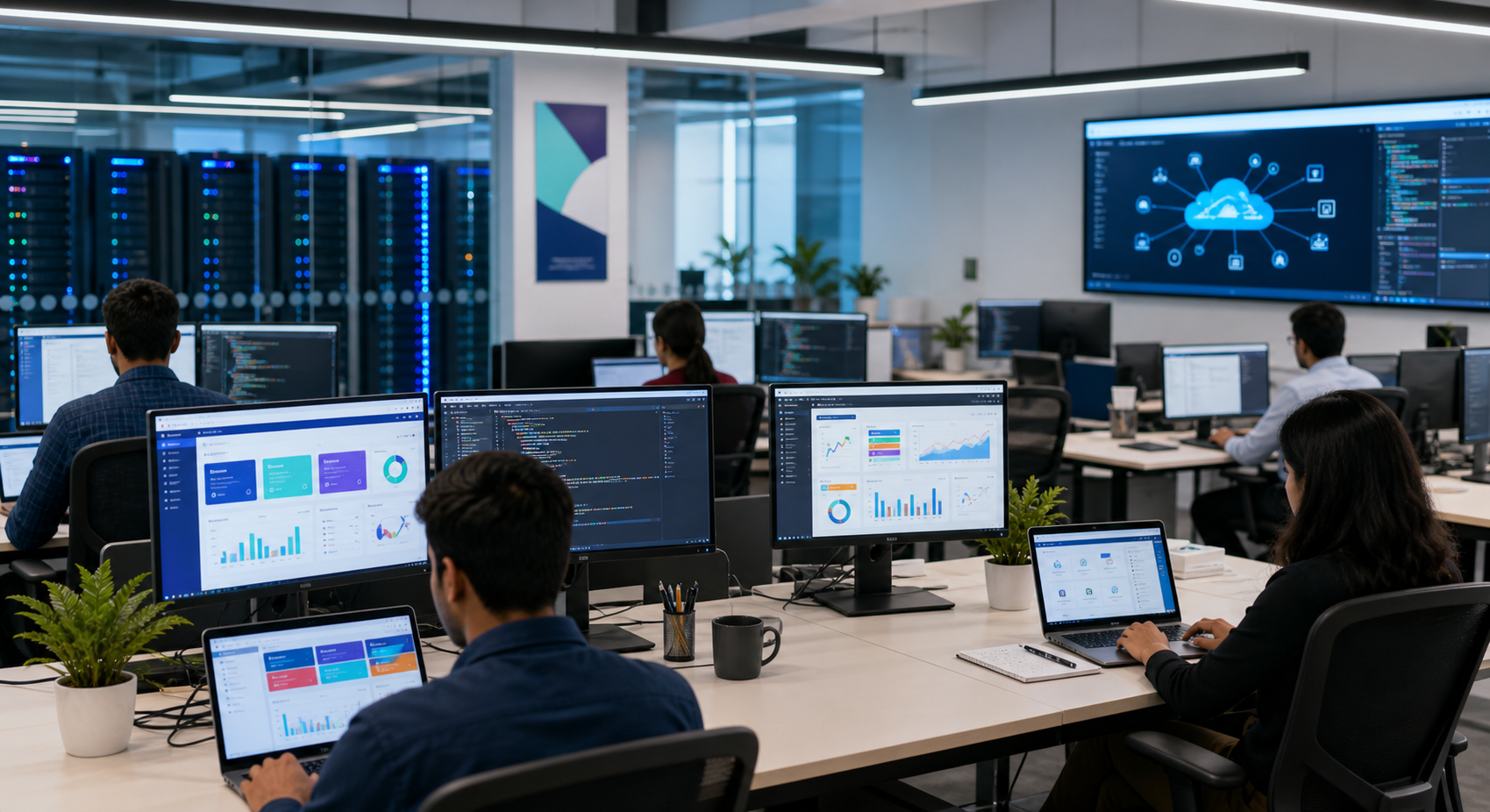 Indian Servers software development workspace with business dashboards and cloud systems